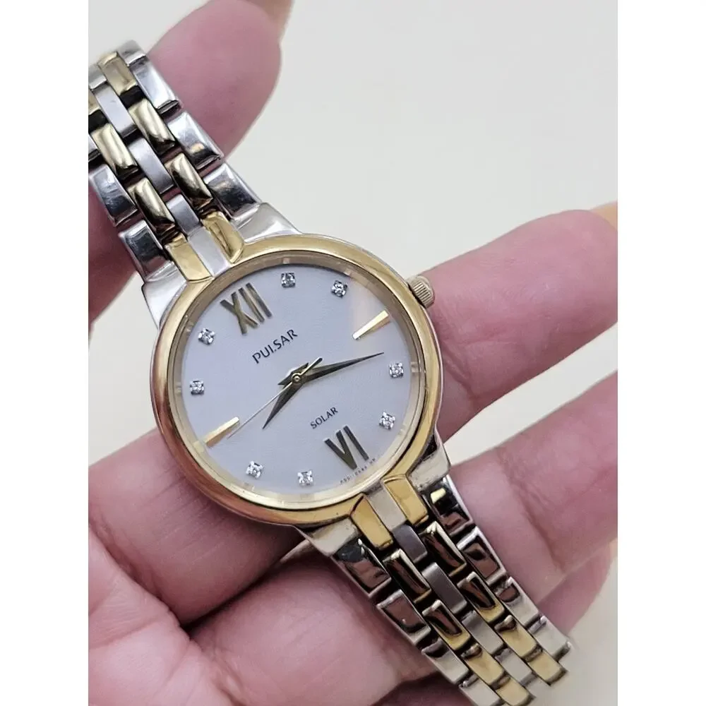 Pulsar Solar Womens Wristwatch Two Tone Silver Gold Stainless Steel AS01 672090